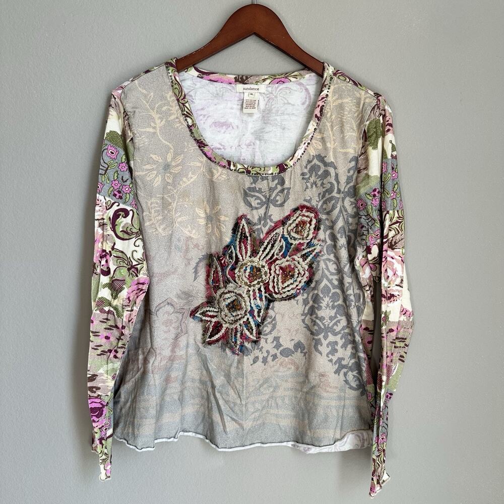 Sundance Multicolor Floral Cotton Viscose Top Beaded Embroidered Boho Artsy